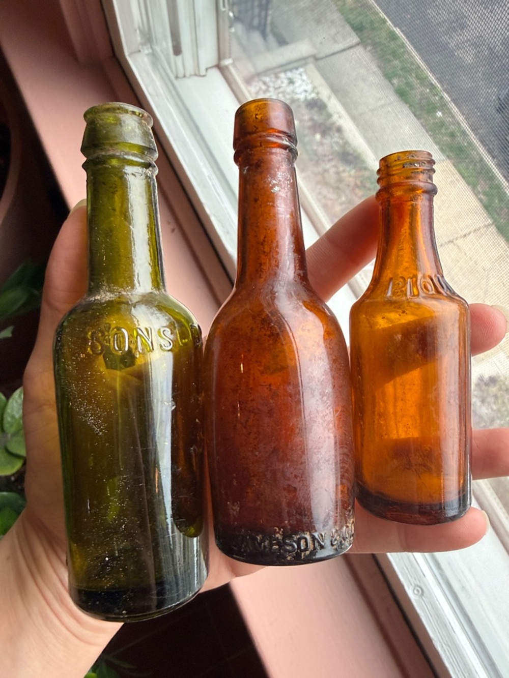 Antique Glass Bottle Trio - Olive Green & Amber